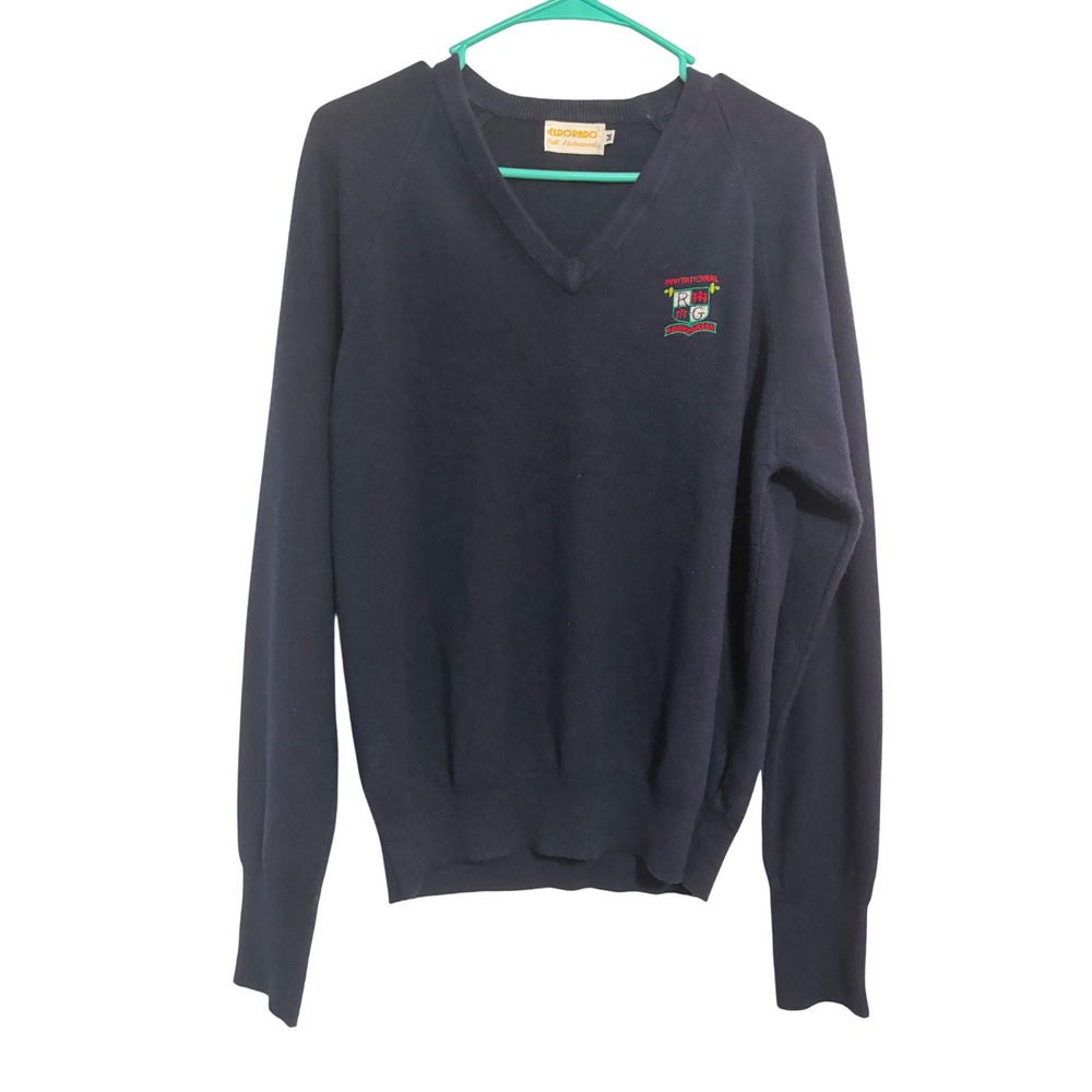 Eldorado Sweater V-Neck Collegiate Navy Blue Ravinia Green Crest M Preppy Era
